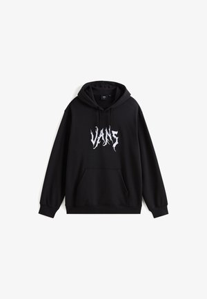 Sort hættetrøje lavet af en bomuldsblanding, med en lomme foran, snører til hætten og hvid grafisk tekst på brystet. Glat tekstur og almindelig pasform.