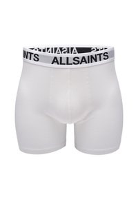 Boxer-briefs blancs en tissu doux avec une ceinture élastique noire portant le logo "ALLSAINTS". Design sans coutures avec une coupe ajustée.