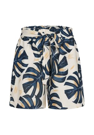 Hoge taille shorts met een blauw en beige tropisch bladprint, elastische tailleband en bijpassende stoffen riem geknoopt in een strik aan de voorkant.