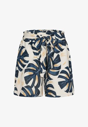 Hoge taille shorts met een blauw en beige tropisch bladprint, elastische tailleband en bijpassende stoffen riem geknoopt in een strik aan de voorkant.