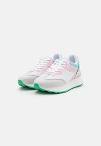 White and light grey sneakers with pink and mint green accents. Features a textured upper and flat rubber sole with a ridged pattern.