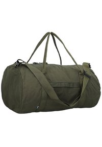 Bolsa de lona verde oliva fabricada con tela duradera, cuenta con dos asas, una correa de hombro ajustable y un bolsillo frontal con cremallera.