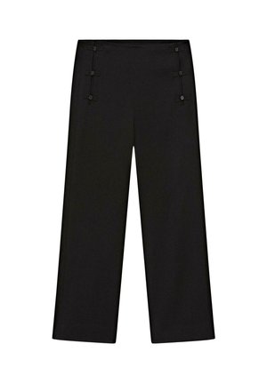 Pantalon noir à jambe large et taille haute, avec six boucles de boutons décoratifs à l'avant, deux de chaque côté.