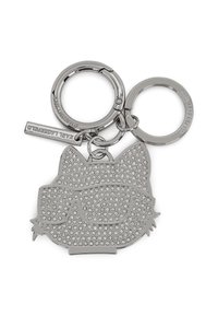Porte-clés avec un design en forme de tête de chat en ton argent, orné de strass et de lunettes de soleil, attaché à deux anneaux en métal.