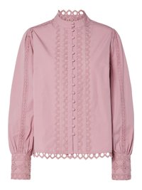 Pink blouse with high collar, button-up front, and decorative lace trim along sleeves and sides. Soft fabric with textured detailing.