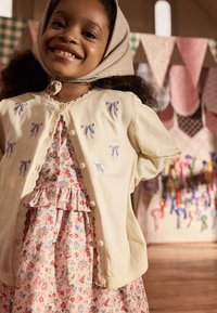 Light yellow cardigan with lavender bow embroidery, worn over a pink floral dress with ruffles and buttons. Background features decorative banners.