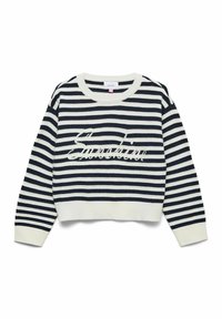 Pull rayé bleu marine et crème avec une coupe courte. Comprend des poignets et un ourlet côtelés, ainsi qu'un motif brodé "Sunshine" sur le devant.