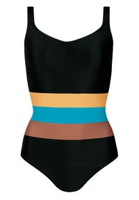 Czarny jednoczęściowy strój kąpielowy z cienkimi ramiączkami, z poziomymi paseczkami w kolorze pomarańczowym, turkusowym i brązowym wzdłuż torsu. Teksturowana tkanina.