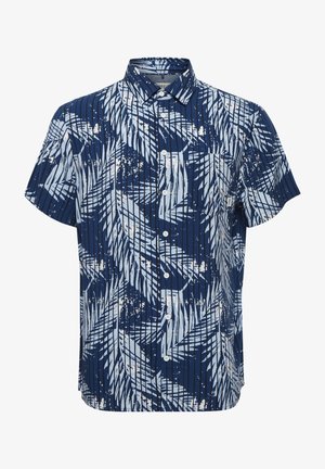 Rövid ujjú ing kék és fehér levélmintával, függőleges csíkokkal, gombos elülső résszel és gallérral. Pamut keverék anyagból készült.