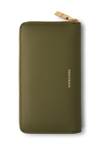 Olivgrünes Leder-Zipper-Geldbörsenetui mit goldenem Reißverschluss und in Gold prägend auf der Vorderseite eingeprägtem Borbonese-Markennamen.