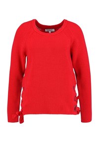 Red knitted sweater with long sleeves, a crew neckline, and lacing details on the sides. Features ties and a textured ribbed pattern.