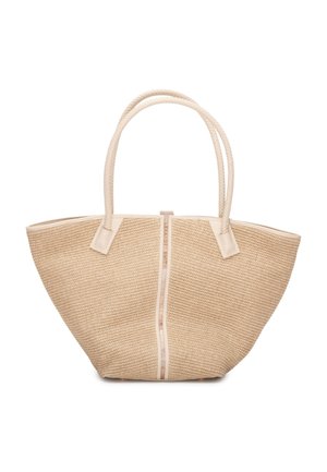 Borsa a mano beige intrecciata con apertura ampia in alto, doppie maniglie ad anello e una striscia centrale verticale con il nome del marchio "Alexander Smith".