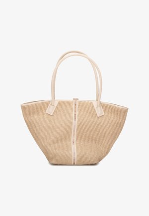 Borsa a mano beige intrecciata con apertura ampia in alto, doppie maniglie ad anello e una striscia centrale verticale con il nome del marchio "Alexander Smith".