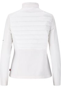 Vit jacka med hög krage, med en puffig quiltad baksidesektion och slät framsida. Långa ärmar med diskret logotypdetalj på ena armen.