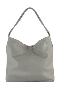 Sac en cuir gris à l'épaule au design doux et décontracté, avec une longue bandoulière unique et des détails de couture subtils le long des bords.