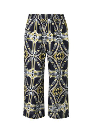 Leveälahkeiset housut, joissa on joustava vyötärönauha ja mustavalkoinen sekä sinappi-keltainen abstrakti geometrinen kuvio.