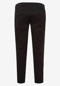 Pantalon noir slim avec deux poches arrière boutonnées et passants de ceinture, présenté de dos sur un fond blanc.
