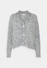 Stickad kavaj i blått och vitt, med sjalkrage, kort skärning och fyra krämfärgade knappar framtill. Strukturerad tyg.