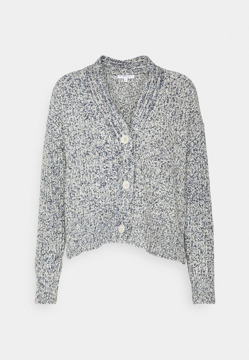 Stickad kavaj i blått och vitt, med sjalkrage, kort skärning och fyra krämfärgade knappar framtill. Strukturerad tyg.