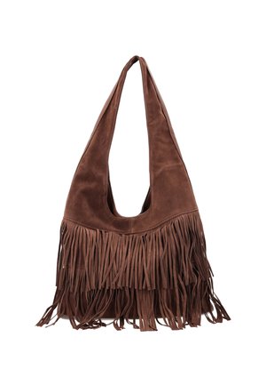 Geantă de umăr maro din piele întoarsă, cu franjuri lungi de-a lungul părții inferioare și bretele late.