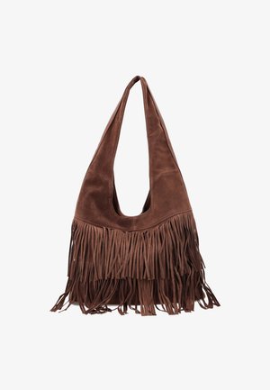 Barna velúr válltáska hosszú rojtozással az alján és széles pántokkal.