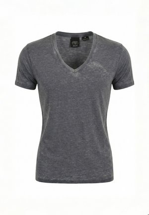 Männer-T-Shirt in mittelgrau mit kurzen Ärmeln und V-Ausschnitt, dezent meliert und tailliert, auf weißem Hintergrund dargestellt.