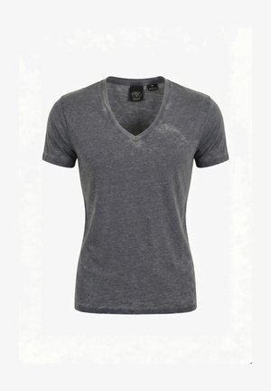 Heren T-shirt met V-hals, korte mouwen, middelgrijs, subtiele gemêleerde structuur en een getailleerde pasvorm, afgebeeld op een witte achtergrond.