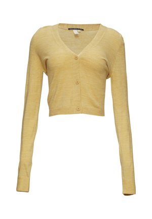 Cardigan court jaune en tissu tricoté doux, avec des manches longues, un décolleté en V et une fermeture à boutons à l'avant. Design simple et polyvalent.