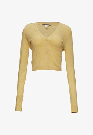 Cardigan court jaune en tissu tricoté doux, avec des manches longues, un décolleté en V et une fermeture à boutons à l'avant. Design simple et polyvalent.