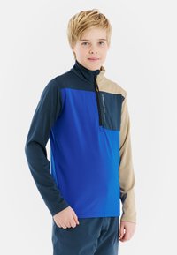 Pullover con zip a un quarto blu e beige, con maniche lunghe, realizzato in tessuto morbido. Presenta un colletto alto e un dettaglio del logo sul petto.