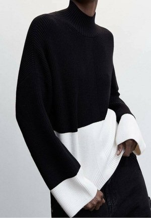 Personne portant un pull à col roulé à blocs de couleur noir et blanc côtelé avec des manches longues, les mains détendues sur les hanches, sur un fond uni.