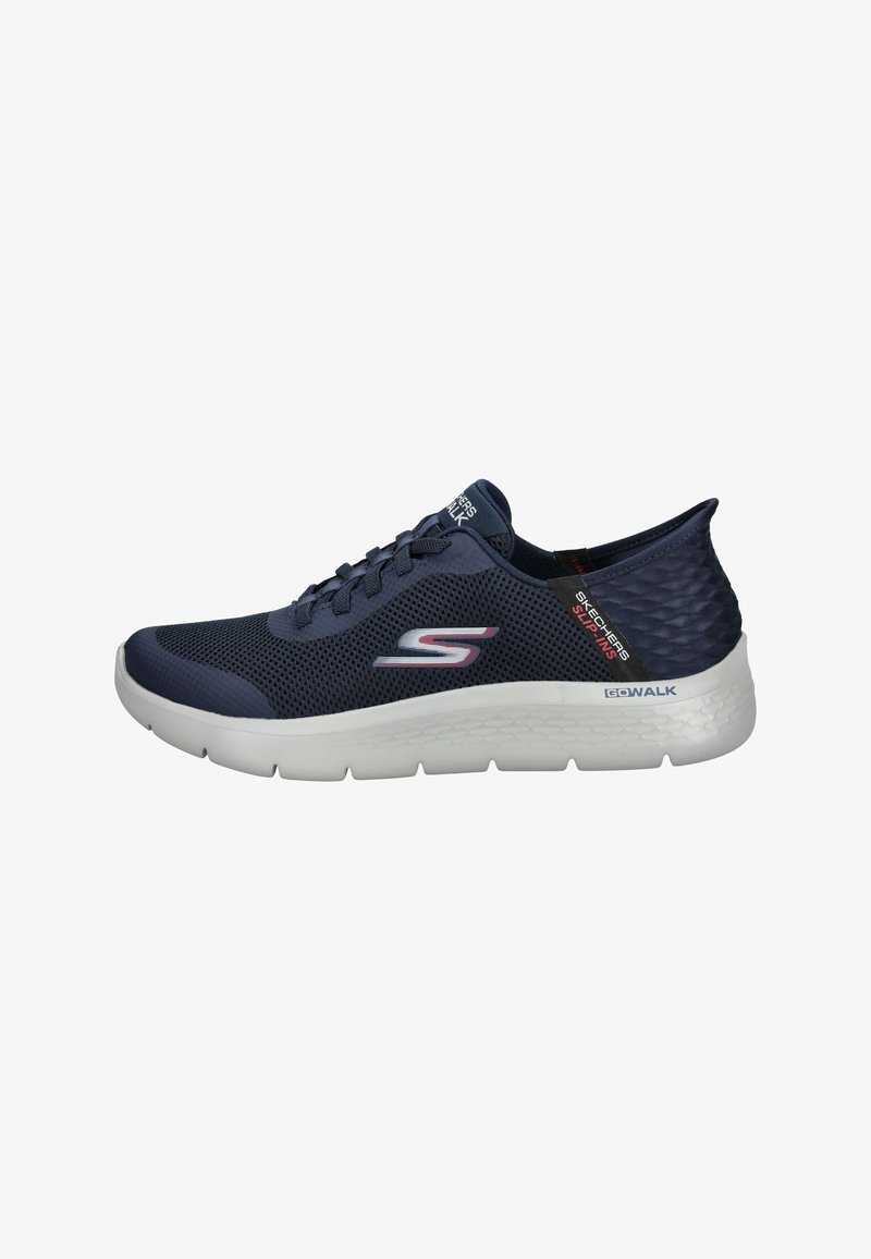 Navy mesh athletic shoe with a smooth, durable sole; features a textured heel and reflective logo; laces for secure fit.