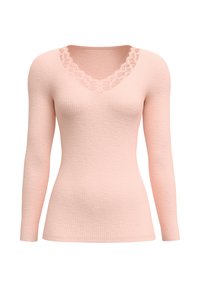 Long-sleeve, pale pink top made of ribbed fabric. V-neckline features lace trim. Soft texture, fitted shape, with no visible fastenings.