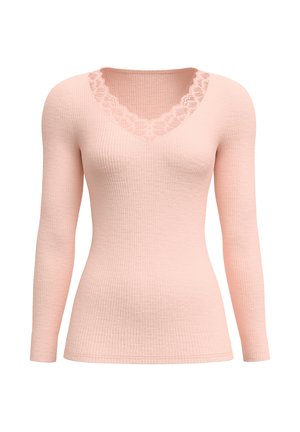 Langere mouwen, lichtroze top van ribstof. V-hals met kantafwerking. Zachte textuur, slim fit, zonder zichtbare sluitingen.