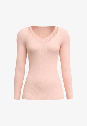 Maglia a maniche lunghe di colore rosa pallido realizzata in tessuto a costine. La scollatura a V è rifinita in pizzo. Morbido al tatto, ha una forma aderente, senza chiusure visibili.