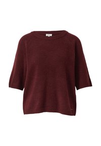 Pull en tricot surdimensionné bordeaux avec des manches courtes, un col rond large et un ourlet côtelé. Texture douce avec une coupe légèrement ample et un design minimal.