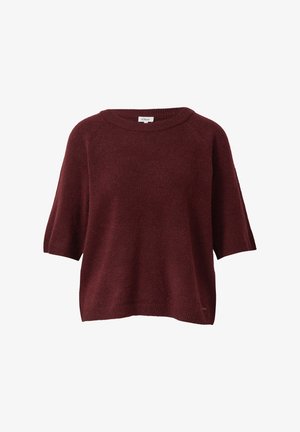 Bordowy, oversize sweter z dzianiny z krótkimi rękawami, szerokim okrągłym dekoltem i prążkowanym wykończeniem. Miękka tekstura, lekko luźny krój i minimalne zdobienia.