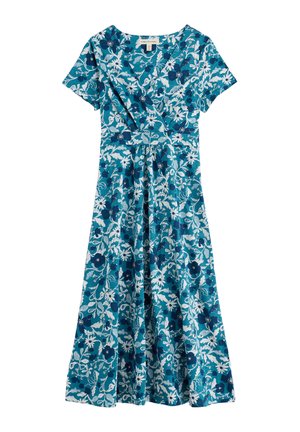 Obleka v barvi modrozelene z repastimi kratkimi rokavi, z belo in mornarsko modro cvetlično vzorcem ter tekočo krilno dolžino do kolen.