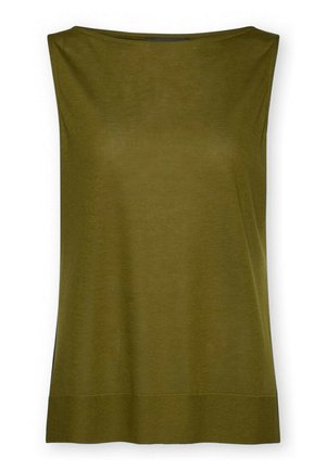 Top de punto sin mangas en color verde oliva con escote amplio y dobladillo acanalado, exhibido sobre un fondo blanco.