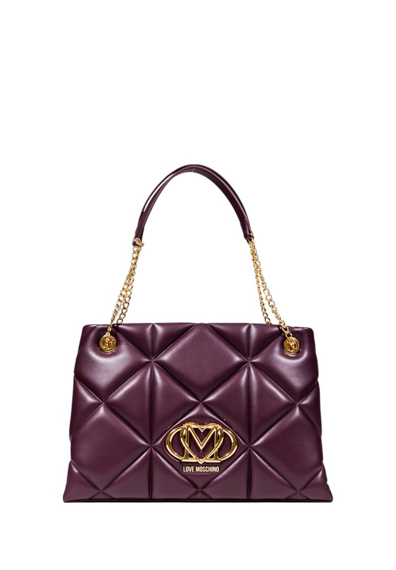 Borsa a tracolla bordeaux imbottita con hardware in oro, caratterizzata da un design trapuntato e catene, adornata con una placca con logo sul davanti.