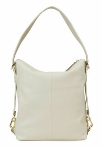 Cremfarbene Leder-Schultertasche mit glatter Textur, runder Form und goldenen Hardware-Details. Verfügt über einen Reißverschluss und einen verstellbaren Gurt.