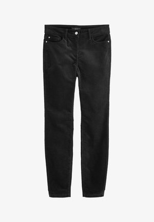 Jeans negri din denim, cu un design ajustat, cinci buzunare, detalii din metal argintiu și o textură netedă uniformă.