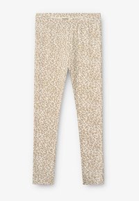 Leopard print leggings in a light beige color, made from soft fabric. Features a stretchy waistband and a smooth texture throughout.