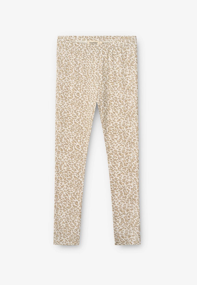 Leopárdmintás leggings világos bézs színben, puha anyagból készültek. Rugalmas derékpánttal és sima textúrával rendelkeznek.