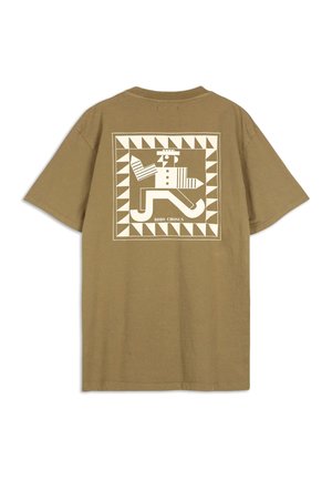 Tan cotton t-shirt with short sleeves, featuring a white graphic design of a person and geometric border on the back.