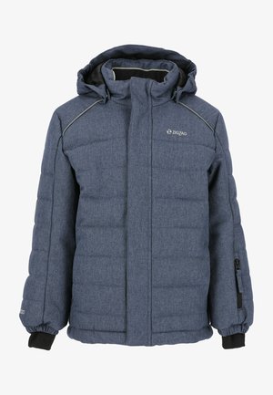 Blauer Pufferjacke mit strukturiertem Stoff, Kapuze, Reißverschluss vorn und elastischen Bündchen. Mit hellgrauen Akzentnähten. Reißverschlusstasche am Ärmel.