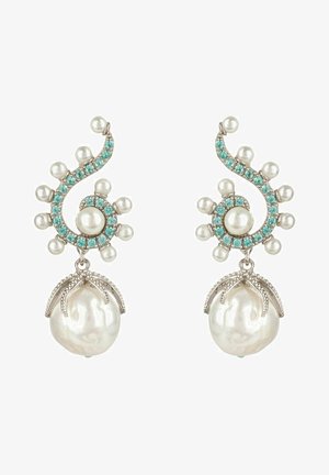 Silver earrings feature a swirling design adorned with turquoise stones and pearls, culminating in large pearl drops, showcasing intricate detailing.