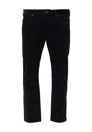 Pantalon noir à jambes droites avec poches avant, passants pour ceinture et fermeture par bouton à la taille, présenté sur fond blanc.