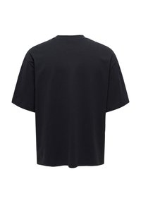 Zwart katoenen T-shirt met een ronde hals, korte mouwen en een losse pasvorm. Geen zichtbare logo's of patronen. Naadloos ontwerp aan de achterkant.