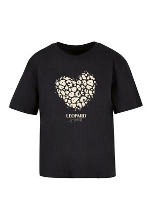 Tricou din bumbac negru cu un design în formă de inimă alcătuit din pete de leopard crem, cu textul "LEOPARD Heart" dedesubt. Mâneci scurte.
